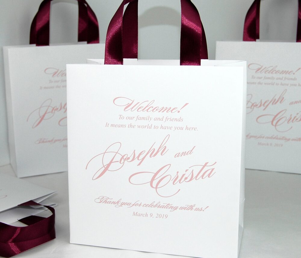 25 Wedding Welcome Bags With Wine Burgundy Satin Ribbon Handles & Custom Blush Print, Personalized Wedding Gifts Favors For Guests
