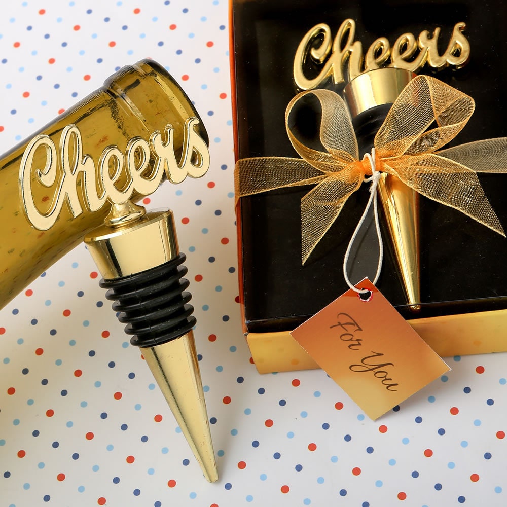 Cheers Bottle Stopper Wedding Favor Gold Favors Wine Favors Heart