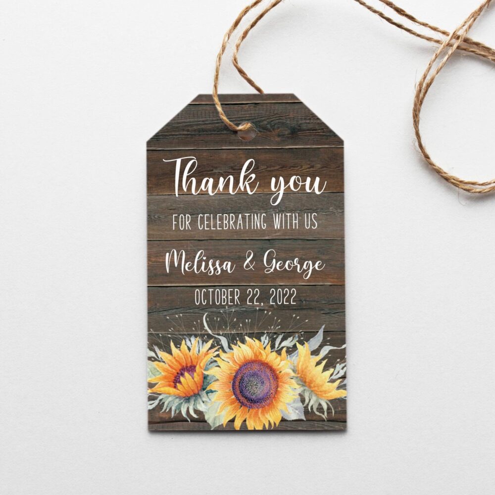 Vintage Sunflower Wedding Favor Tag Country Floral Thank You Brown Wood Background