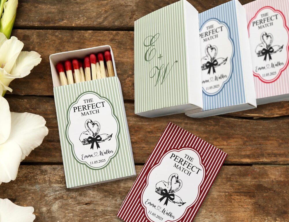 Vintage Swan Wedding Matchbox Favors, The Perfect Match Personalized Matchbooks, Elegant Green Stripe Guest Gifts, Custom Matches