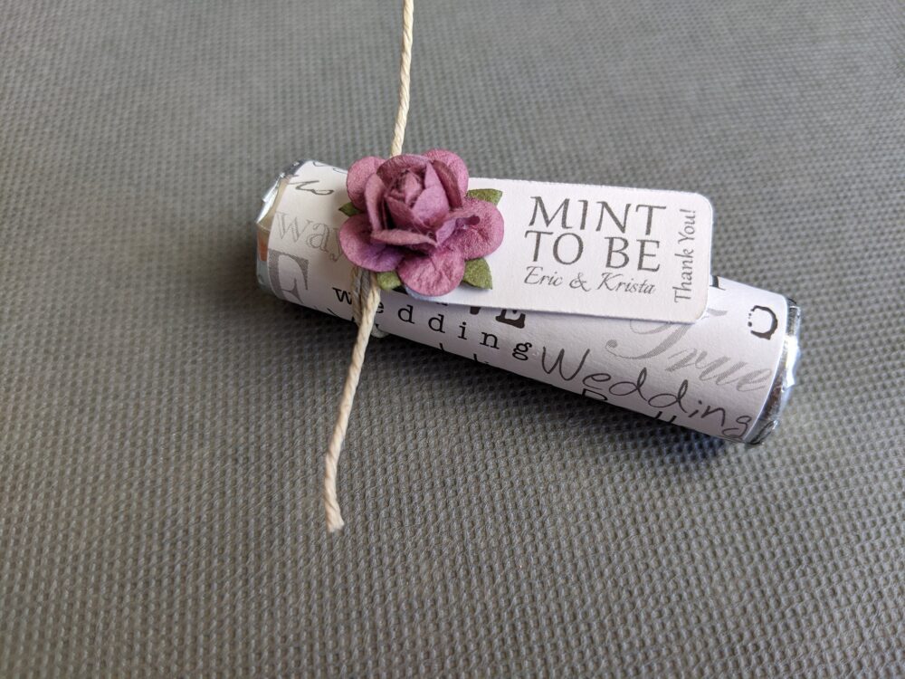 Unique Wedding Favors, Personalized Mints With Purple Roses, Tag Reads Mint To Be