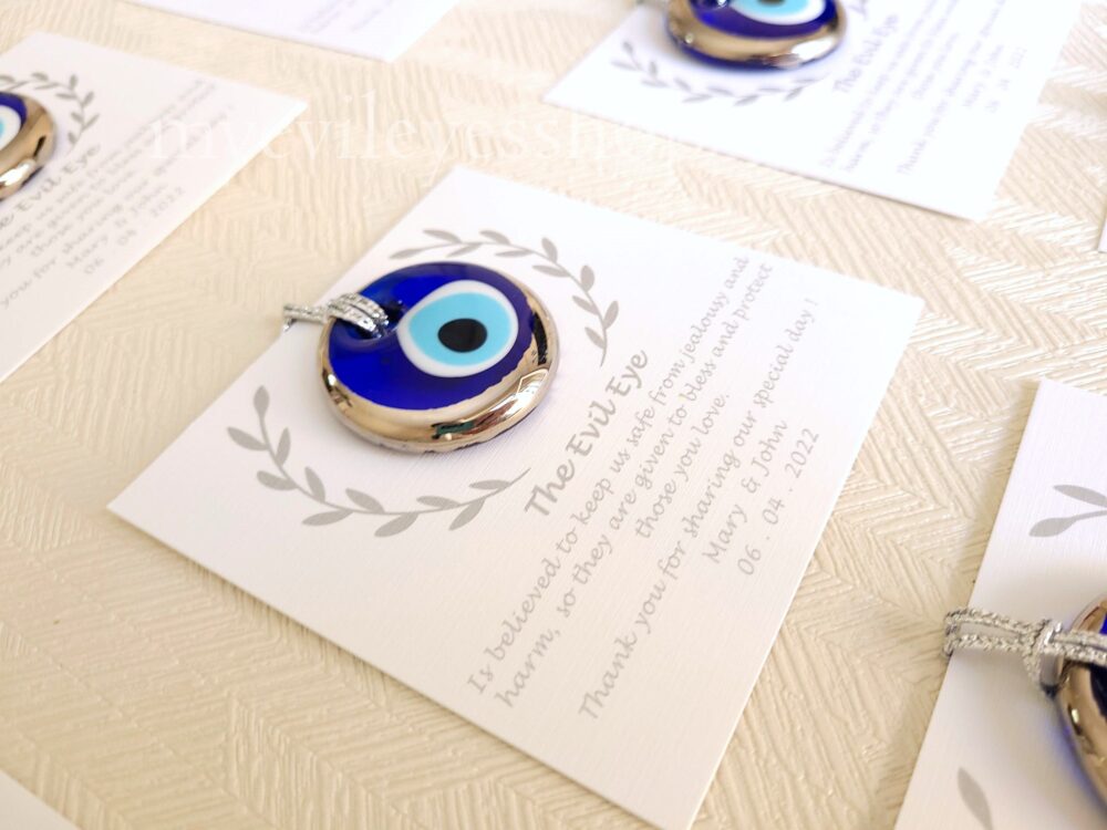 Silver Evil Eye Wedding Favors Personalized Cards, Greek Charms