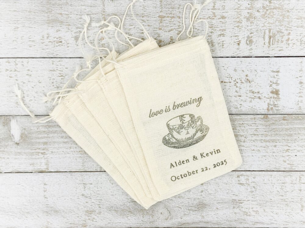 Personalized Tea Favor Bags For Wedding, Shower, Engagement Party - Love Is Brewing, Bridal Tea, Cloth Favor Bag, Tea Gifts Guests