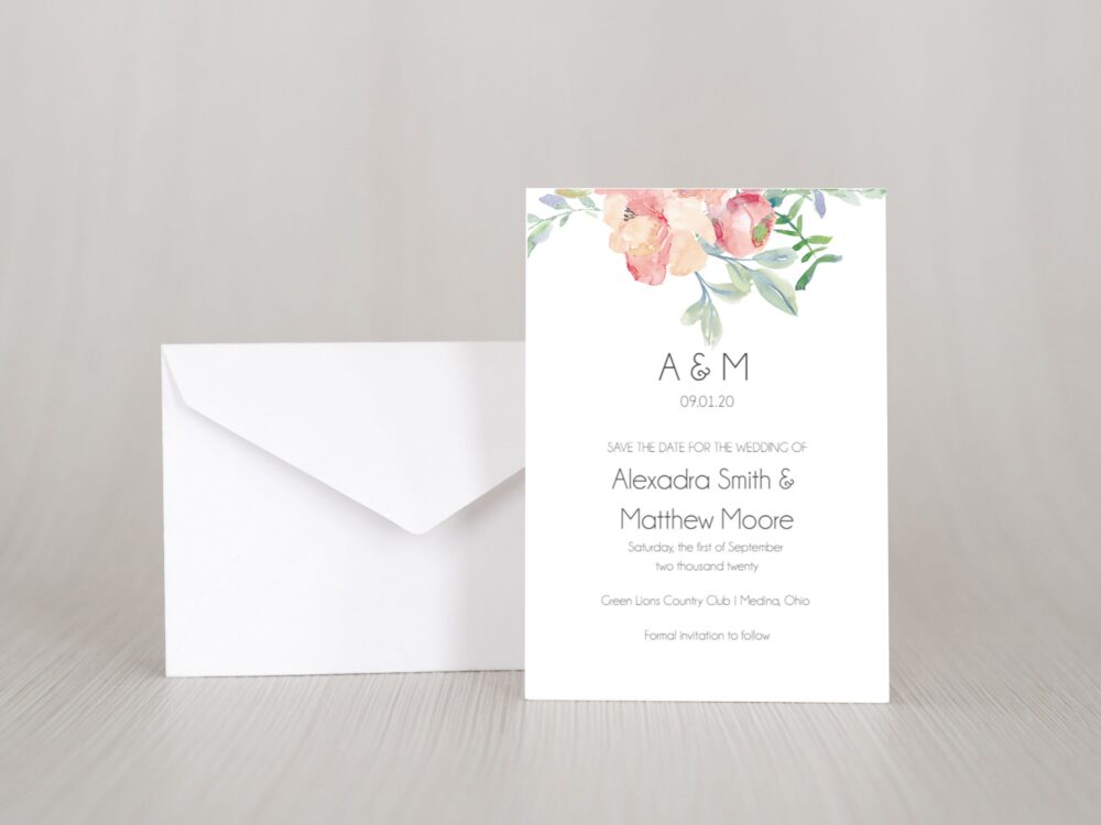 Printed Floral Watercolor Save The Date Invitation Card, Elegant, Simple, Boho, Greenery Leaves, Pink, Blush, Rustic, Classic, Classy