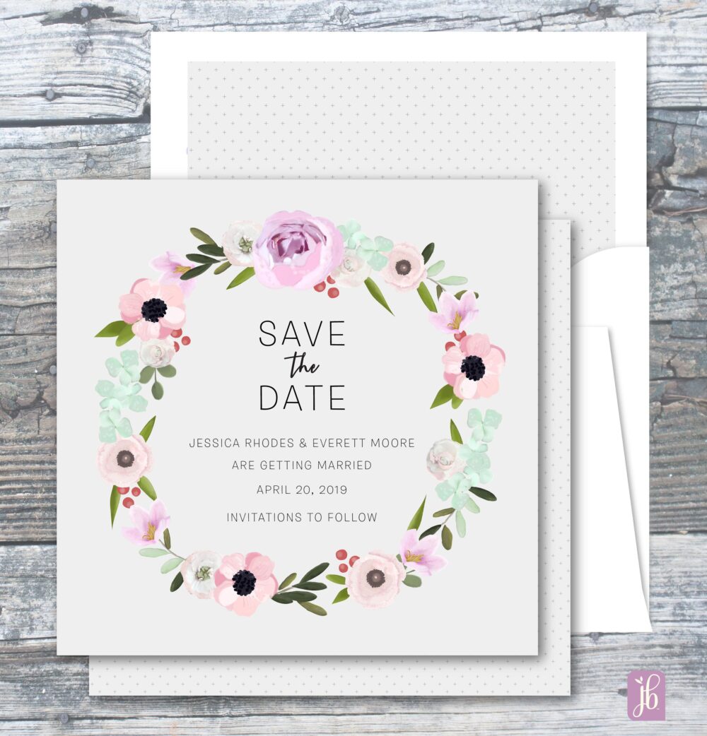 Custom Blush Floral Wreath Save The Date, Personalized Garden Wedding Announcement Card